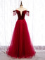Tassel Sleeves Off The Shoulder Tulle Burgundy Floor Length Lace Up Prom Dress