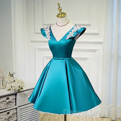 Teal Blue Satin Short Party Dresses With White Lace, Blue Homecoming Dresses Prom Dresses