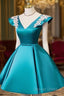 Teal Blue Satin Short Party Dresses With White Lace, Blue Homecoming Dresses Prom Dresses