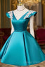 Teal Blue Satin Short Prom Dress With White Lace, Blue Homecoming Dress Prom Dresses