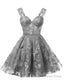 Teens Sparkly Tulle Gray Homecoming Dress Spaghetti Straps Short Cocktail Prom Dresses