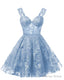 Teens Sparkly Tulle Light Blue Homecoming Dress Spaghetti Straps Short Cocktail Prom Dresses