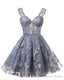 Teens Sparkly Tulle Dusty Blue Homecoming Dresses Spaghetti Straps Short Cocktail Party Prom Dress
