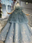 Temperament Blue Ball Gowns Tulle Appliques Long Sleeve Wedding Dresses