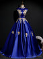 The Best Discount Blue Ball Gowns Satin High Neck Appliques Backless Quinceanera Dresses