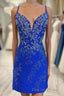 Royal Blue Beaded Plunge V Lace Up Short Homecoming Dresses