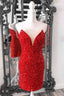 Tight V Neck Red Sequins Short Prom Dress,Sparkly Bodycon Dresses