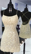 tight yellow lace homecoming Dress, short yellow homecoming Dresses with lace up back