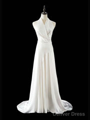 Timeless A Line Halter Satin White Wedding Dresses Brides Dress