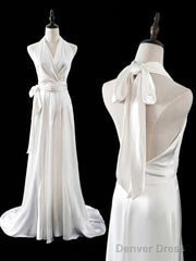 Timeless A Line Halter Satin White Wedding Dresses Brides Dress