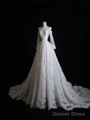 Timeless A Line Off The Shoulder White Lace Long Sleeves Wedding Dresses Bridal Dress