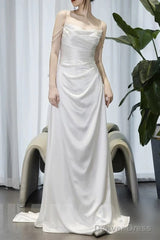 Timeless A Line Spaghetti Straps White Satin Long Wedding Dresses