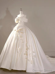Timeless Ball Gown Off The Shoulder Short Sleeves Satin White Wedding Dresses Brides Dress