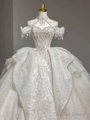 Timeless Ball Gown Sweetheart Short Sleeves Lace White Wedding Dresses Brides Dress