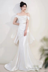 Timeless Mermaid Off The Shoulder White Satin Long Wedding Dresses Bridal Dress