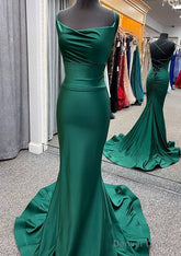 Trumpet/Mermaid Cowl Neck Spaghetti Straps Sweep Train Jersey Prom Dresses With Pleated