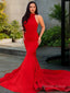 Trumpet Mermaid Halter Chapel Train Stretch Crepe Prom Dresses