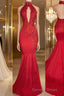 Trumpet Mermaid Halter Sweep Train Charmeuse Prom Dresses With Appliques Lace