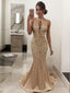 Trumpet Mermaid Halter Sweep Train Satin Prom Dresses