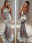 Trumpet Mermaid Halter Sweep Train Silk like Satin Prom Dresses With Beading