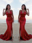 Trumpet Mermaid Halter Sweep Train Silk like Satin Prom Dresses With Leg Slit