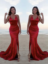 Trumpet/Mermaid Halter Sweep Train Silk like Satin Prom Dresses With Leg Slit