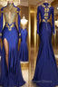 Trumpet Mermaid High Neck Sweep Train Jersey Prom Dresses With Leg Slit