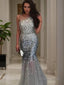 Trumpet Mermaid Jewel Sweep Train Sequins Prom Dresses With Sequin