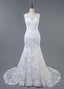 Trumpet Mermaid Lace V Neck Sweep Train Wedding Dresses