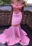 Trumpet Mermaid Off The Shoulder Court Train Satin Prom Dresses With Beading Flowers