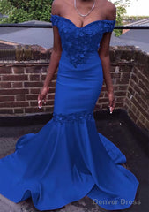 Trumpet/Mermaid Off-the-Shoulder Court Train Satin Prom Dresses With Beading Flowers