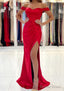 Trumpet Mermaid Off The Shoulder Short Sleeve Long Floor Length Satin Prom Dresses With Pleated Split