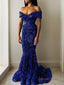 Trumpet Mermaid Off The Shoulder Sweep Train Velvet Sequins Prom Dresses