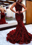 Trumpet Mermaid One Shoulder Sleeveless Long Floor Length Velvet Sequins Prom Dresses