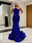 Trumpet Mermaid One Shoulder Sweep Train Velvet Sequins Prom Dresses With Ruffles
