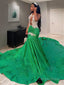 Trumpet Mermaid Scoop Chapel Train Silk like Satin Prom Dresses With Appliques Lace