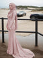 Trumpet Mermaid Scoop Sweep Train Silk like Satin Prom Dresses With Appliques Lace