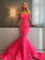 Trumpet Mermaid Strapless Sweep Train Satin Prom Dresses With Ruffles