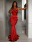 Trumpet Mermaid Straps Sweep Train Elastic Woven Satin Prom Dresses With Ruffles