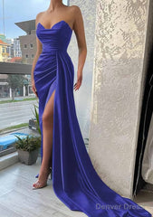 Trumpet/Mermaid Sweetheart Strapless Court Train Satin Prom Dresses With Pleated Split