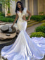 Trumpet Mermaid V Neck Chapel Train Elastic Woven Satin Prom Dresses With Beading
