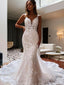 Trumpet Mermaid V Neck Cathedral Train Tulle Wedding Dresses with Appliques Lace