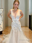 Trumpet Mermaid V Neck Chapel Train Tulle Wedding Dresses With Appliques Lace