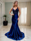 Trumpet Mermaid V Neck Court Train Elastic Woven Satin Prom Dresses With Appliques Lace