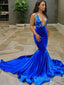 Trumpet Mermaid V Neck Court Train Elastic Woven Satin Prom Dresses With Appliques Lace