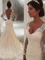 Trumpet Mermaid V Neck Court Train Lace Wedding Dresses