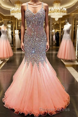 Trumpet/Mermaid V-neck Floor-Length Tulle Prom Dresses With Rhinestone