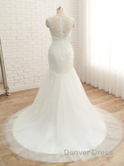 Trumpet/Mermaid V-Neck Sleeveless Applique With Sequin Tulle Court Train Wedding Dresses