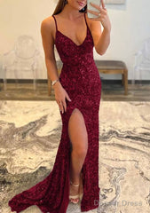 Trumpet/Mermaid V Neck Sleeveless Sweep Train Allover Sparkly Sequined Prom Dresses With Split