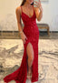 Trumpet Mermaid V Neck Sleeveless Sweep Train Allover Sparkly Sequined Prom Dresses With Split